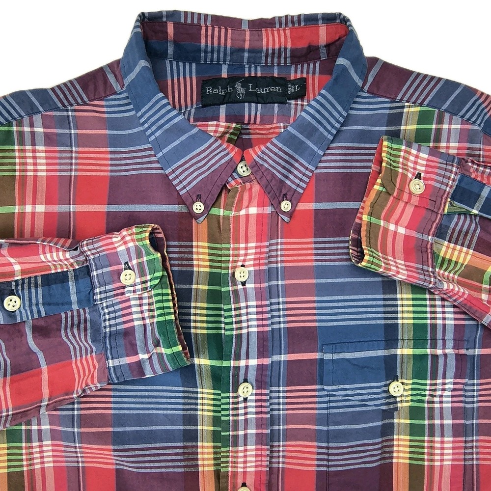Ralph Lauren Mens Large Plaid Button Down Shirt Multicolor Long Sleeve Cotton